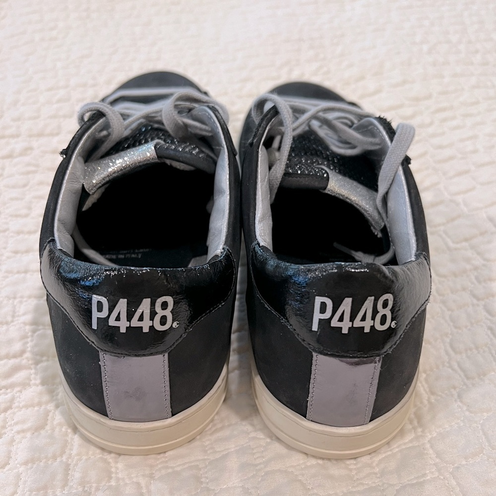 Brand new, P448 black leather shimmer suede sneaker.